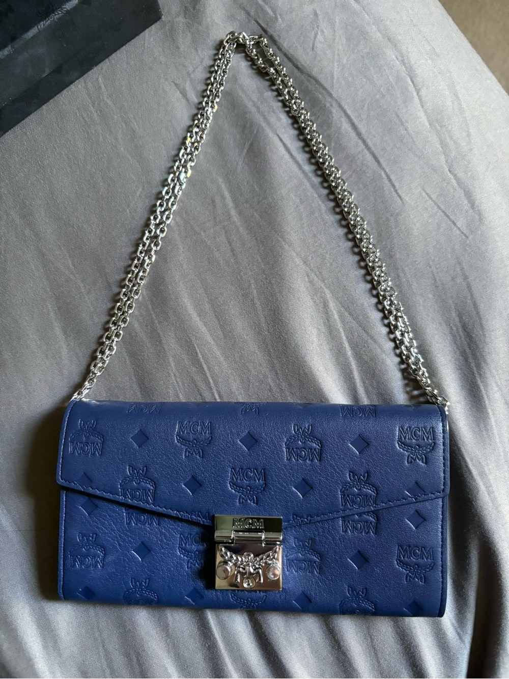 MCM Navy Blue Embossed Leather Chain Clutch